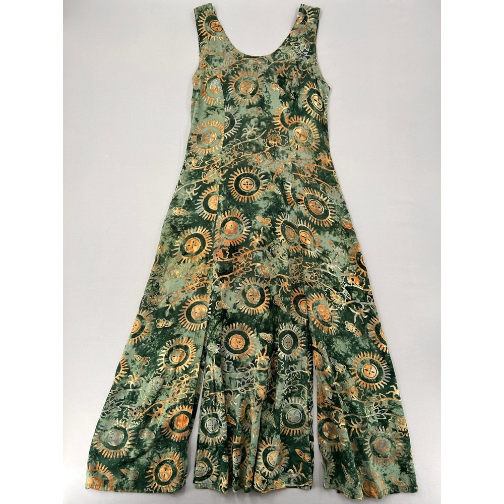 Sambar Green Batik Sun Print Maxi Dress Sleeveless Celestial Boho Small